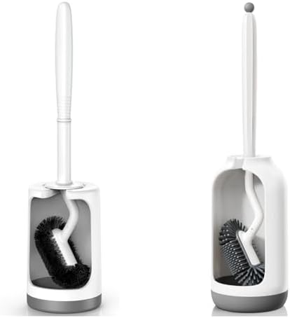 HAMITOR Toilet Brush Holder Set with Curved Bristles and Silicone Head 1