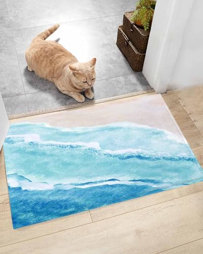 Summer Ocean Bath Rug - Blue Gradient Shaggy Non-Slip Floor Mat
