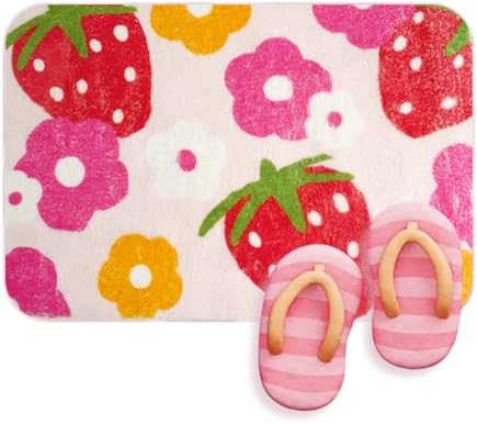 Cute Strawberry Flower Bath Mat Non-Slip Pink Bathroom Rug