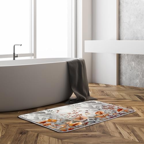 Sunhe Leaf Bath Mat with Gray Orange Rustic Design