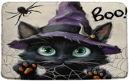 Halloween Cat Bath Mat with Spider Cobweb Design