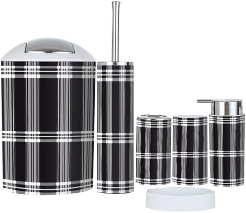 Boho Bathroom Accessory Set 6 Piece Black White Plaid