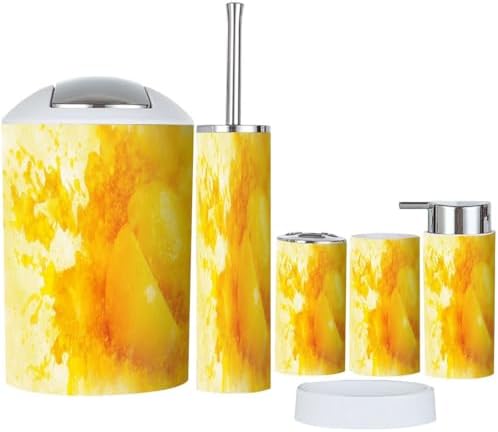Boho 6-Piece Bathroom Accessory Set in Lemon Yellow and White