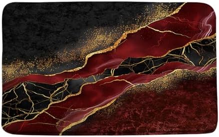 Red Marble Bath Mat with Gold Veins Texture