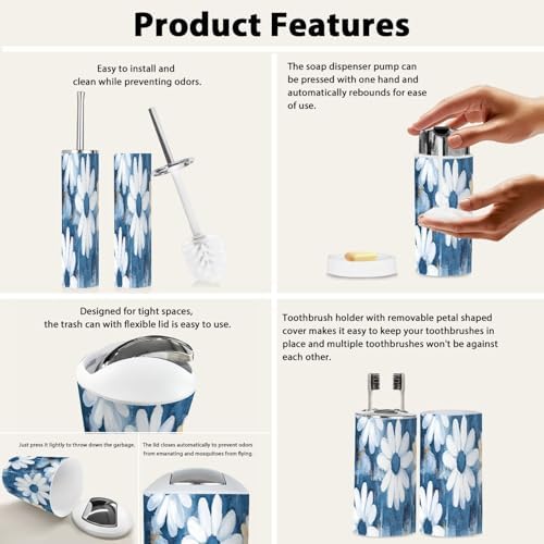 TRANQDEHOM 6 Piece Boho Daisy Flowers Bathroom Accessory Set