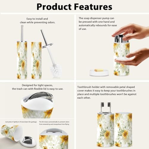 Boho Bathroom Accessory Set 6 Piece with Sunflowers Vines Daisies