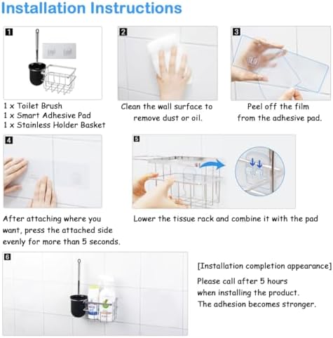 FLYBOT Toilet Brush Scrubber Cleaner with Adhesive Holder and Chrome Basket