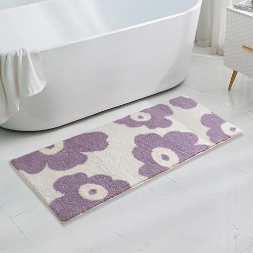 Wishtune Purple Flower Bath Rug 47x20 Non-Slip Microfiber Mat
