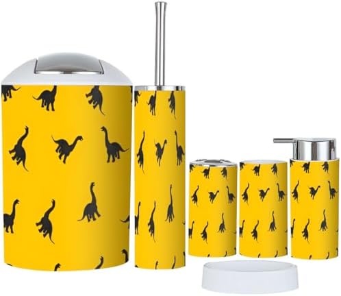 Boho Bathroom Accessory Set 6 Piece Black Dinosaur Yellow