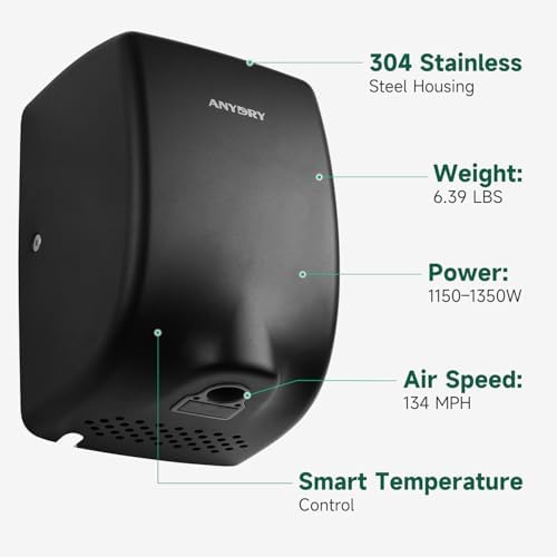 Anydry Compact Hand Dryer with 1350W Power and Matte Black Finish