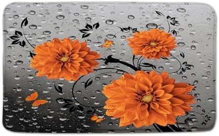 Orange Dahlia Floral Bath Mat with Butterfly Design