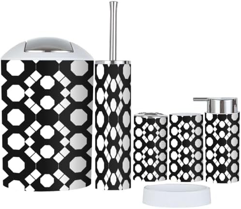 Boho Bathroom Accessory Set 6 Piece Black White Rhombuses 1