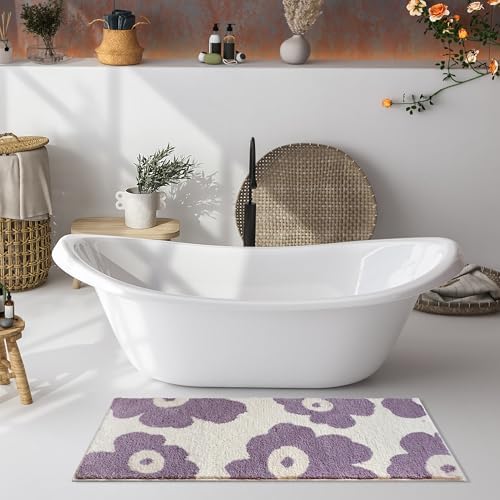 Wishtune Purple Flower Bath Rug 47x20 Non-Slip Microfiber Mat