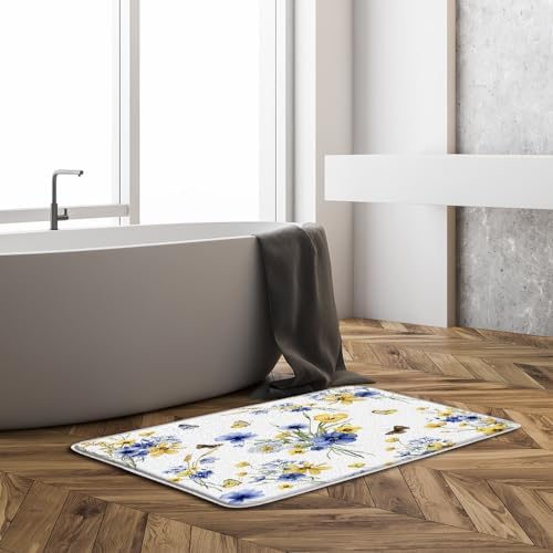 GCTNBJL Yellow Blue Flower Bath Mat Rustic