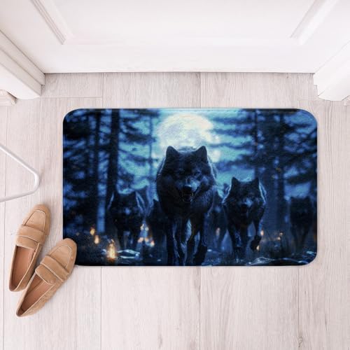 Feelyou Wolf Bathroom Rug 16x24 Animal Print Blue Bath Mat