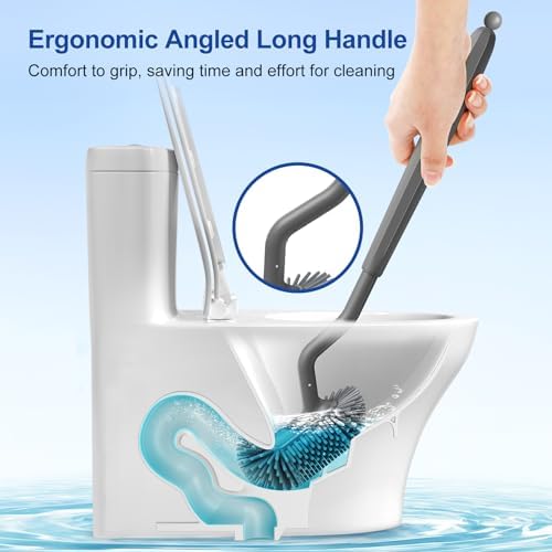 HAMITOR Toilet Brush Holder Set with Curved Bristles and Silicone Head