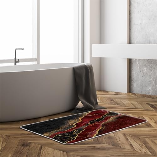 Red Marble Bath Mat with Gold Veins Texture