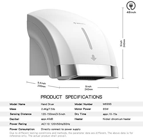 modunful Hand Dryer Wall Mounted Touchless Low Noise 40db