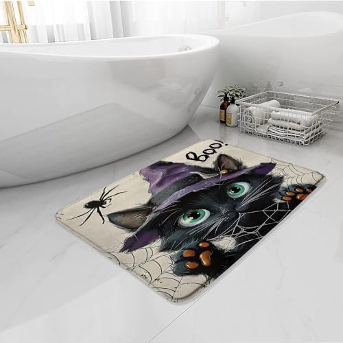 Halloween Cat Bath Mat with Spider Cobweb Design