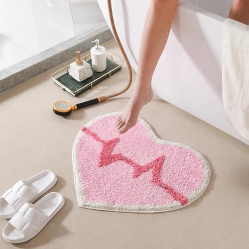 Inshinern Pink Heart Bathroom Rug Non Slip Washable