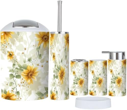 Boho Bathroom Accessory Set 6 Piece with Sunflowers Vines Daisies