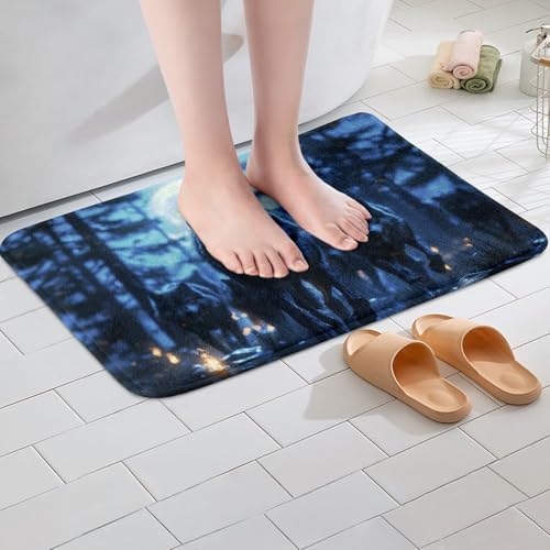 Feelyou Wolf Bathroom Rug 16x24 Animal Print Blue Bath Mat