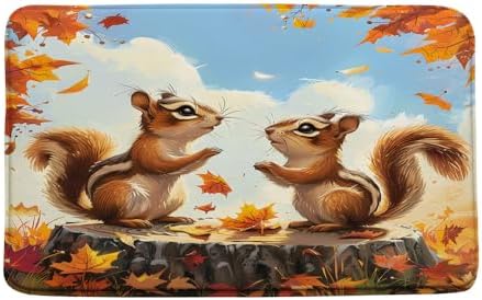 Fall Squirrel Bath Mat Autumn Maple Leaf Design