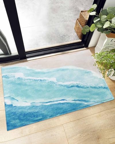 Summer Ocean Bath Rug - Blue Gradient Shaggy Non-Slip Floor Mat