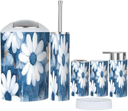 TRANQDEHOM 6 Piece Boho Daisy Flowers Bathroom Accessory Set