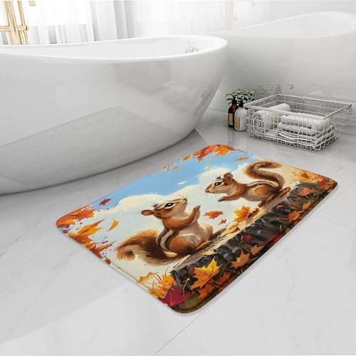 Fall Squirrel Bath Mat Autumn Maple Leaf Design