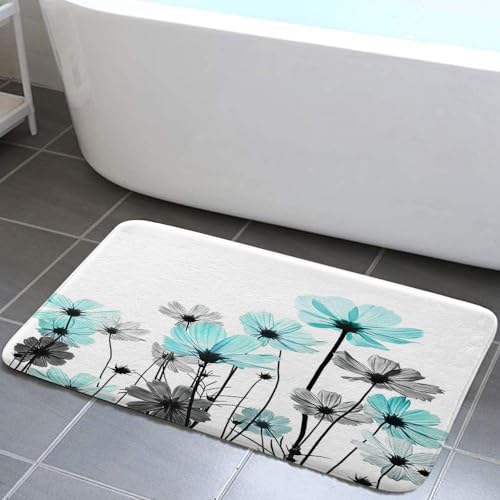 Teal Bath Rugs with Floral Design