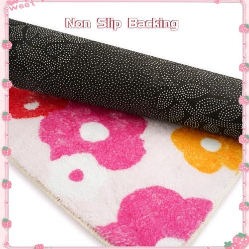 Cute Strawberry Flower Bath Mat Non-Slip Pink Bathroom Rug