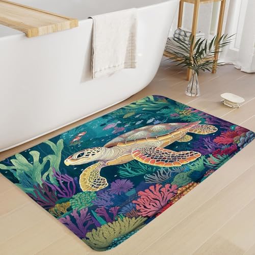 Turtle Bath Mat Blue Ocean Sea Animal Bathroom Rug 18X30Inch