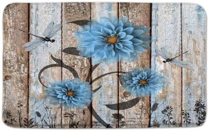 Rustic Blue Dahlia Bath Rug with Dragonfly Design 1