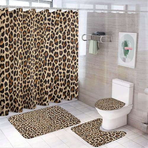 Supdreamc 4 Pack Cool Cheetah Leopard Shower Curtain Set with Bath Rug