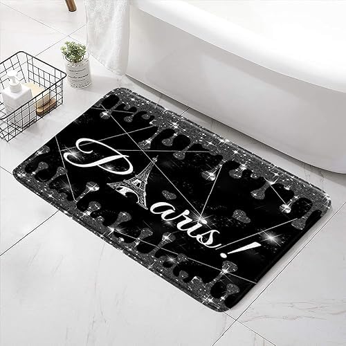 Eiffel Tower Bath Mat Black and White Bling Sparkles Design