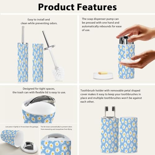 TRANQDEHOM 6-Piece Bathroom Accessory Set with Boho Daisy Flower Design