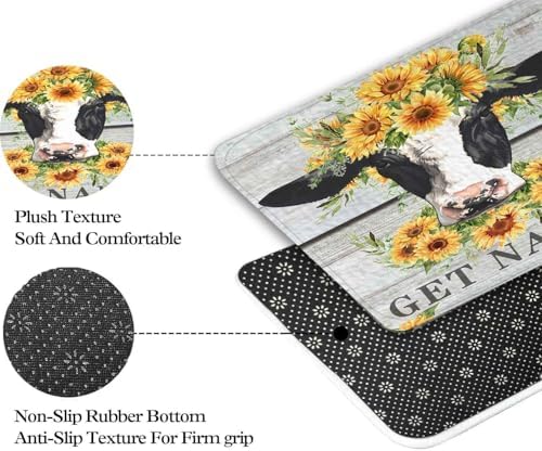 JAWO Farmhouse Wooden Cow Bath Rug Set - Rustic Sunflower Design