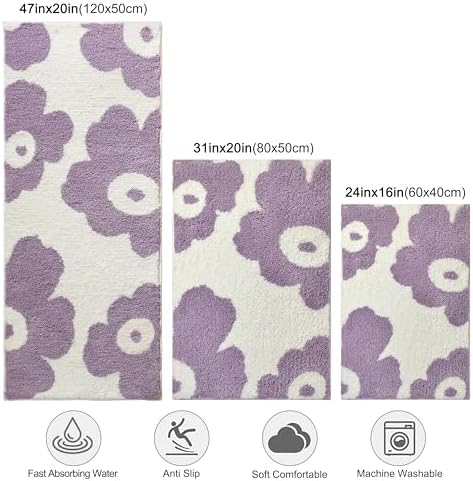 Wishtune Purple Flower Bath Rug 47x20 Non-Slip Microfiber Mat
