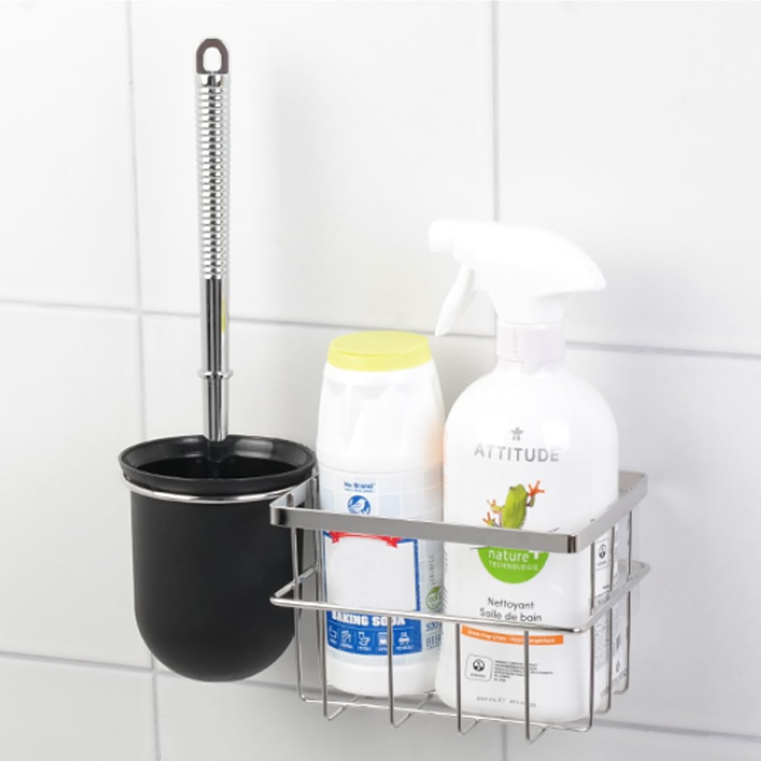 FLYBOT Toilet Brush Scrubber Cleaner with Adhesive Holder and Chrome Basket