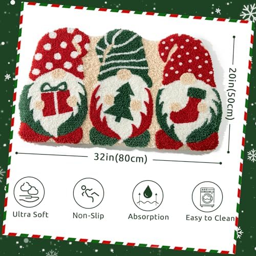 Christmas Bath Mat 20x32 Inches Non-Slip Water Absorbent Gnome Design