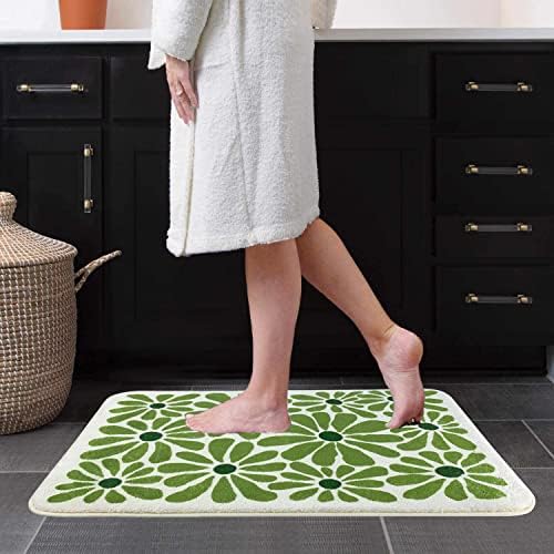 Green Floral Bath Mat 21x30in Non-Slip Microfiber Rug for Bathroom