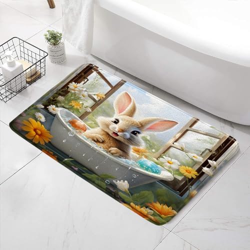 SATRTUD Easter Bunny Bath Mat - Cute Rabbit Egg Sunflower Daisy Design 24x16 Inch