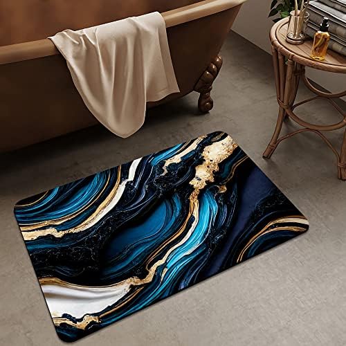 Blue Gold Liquid Marble Bath Mat Rug 16x24 Rectangle