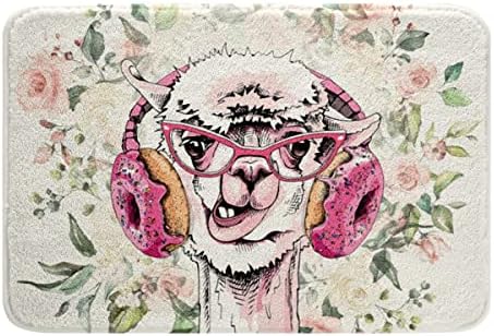 Cute Goat Bath Mat with Pink Flowers Non-Slip Water Absorbent