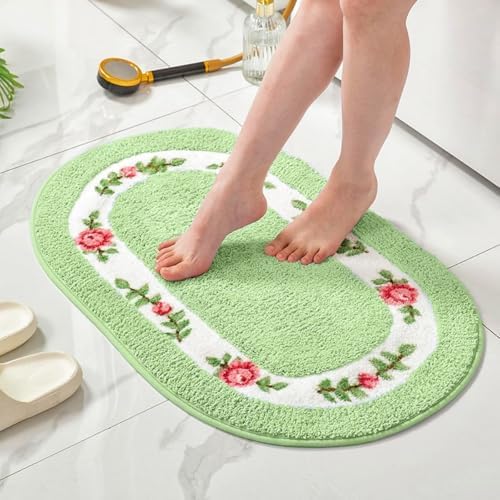 QMEAKMONY Rose Flower Shaggy Bath Mat Green 16x24 in