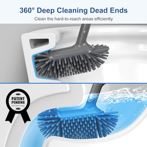 HAMITOR Toilet Brush Holder Set with Curved Bristles and Silicone Head