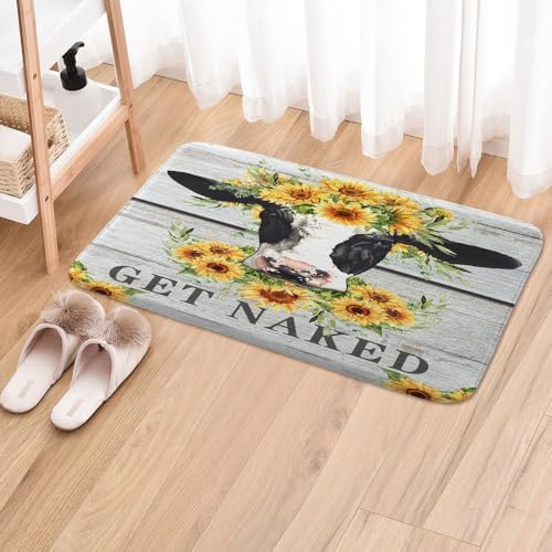 JAWO Farmhouse Wooden Cow Bath Rug Set - Rustic Sunflower Design