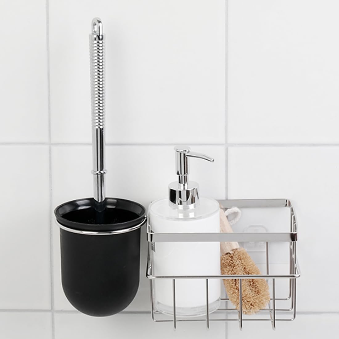 FLYBOT Toilet Brush Scrubber Cleaner with Adhesive Holder and Chrome Basket