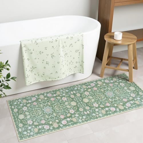 Uphome Green Boho Floral Bath Rug 18x47 inch 1